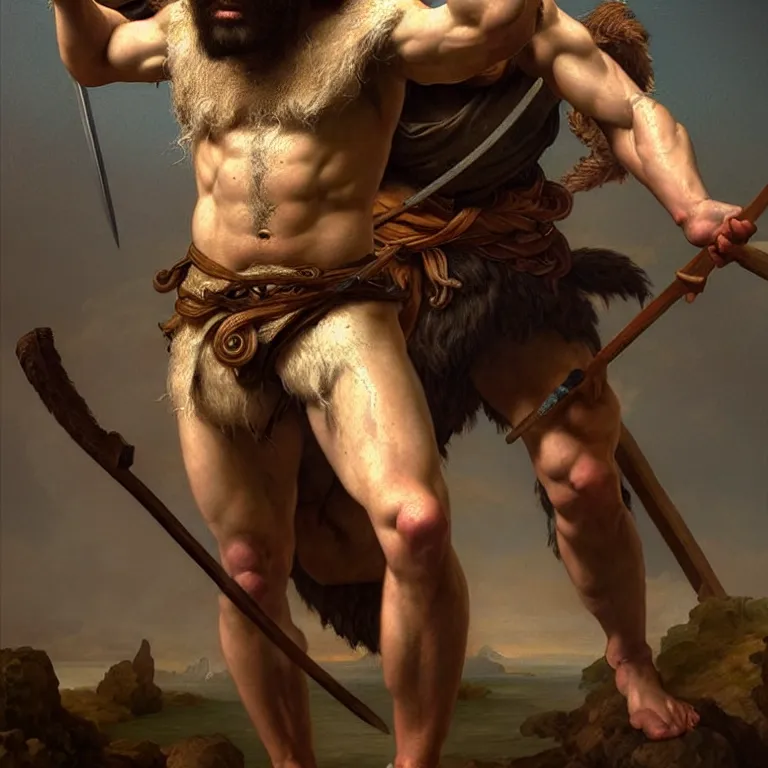 Image similar to renaissance painting full body portrait of a gruff ranger with a spear, lean and toned, handsome face, hairy chest and hairy body, D&D, intricate, elegant, highly detailed, digital painting, artstation, concept art, matte, sharp focus, chiaroscuro, well list, illustration, art by Artgerm and Greg Rutkowski and Alphonse Mucha