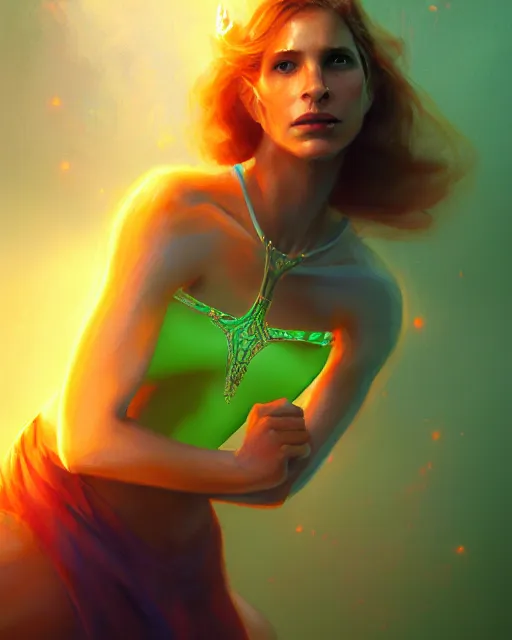 Prompt: invisible woman, thin tiara, green halter top, orange skirt, cinematic, highly detailed, psychedelic, digital painting, artstation, smooth, hard focus, illustration, art by jessica rossier and and brian froud