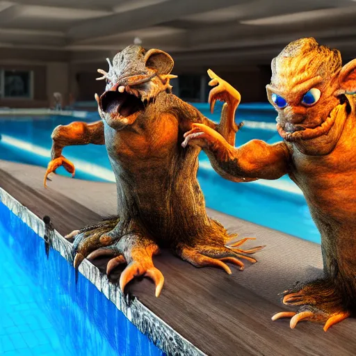 Prompt: photo, two ugly old men fight rat monsters 5 3 8 2 8 inside a swimming pool, highly detailed, scary, volumetric lighting