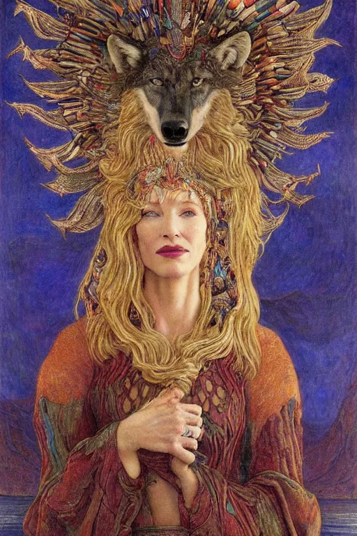 Prompt: cate blanchett with a wolf , by jean delville and Gaston Bussière and Tino Rodriguez and Diego Rivera , elaborate headdress and embroidered velvet, iridescent beetles, rich color, dramatic cinematic lighting, extremely detailed