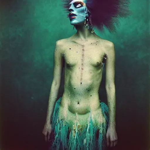 Image similar to kodak portra 4 0 0, wetplate, photo of a surreal artsy dream scene,, weird fashion, in the nature, highly detailed face, very beautiful model, portrait, expressive eyes, extravagant dress, carneval, animal, wtf, photographed by paolo roversi style and julia hetta