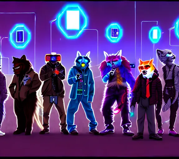 Image similar to high - resolution photograph from a cyberpunk era furry fandom convention ( midwest furfest 2 0 4 7 ), taking place after the genetic revolution and quantum singularity. photorealistic.