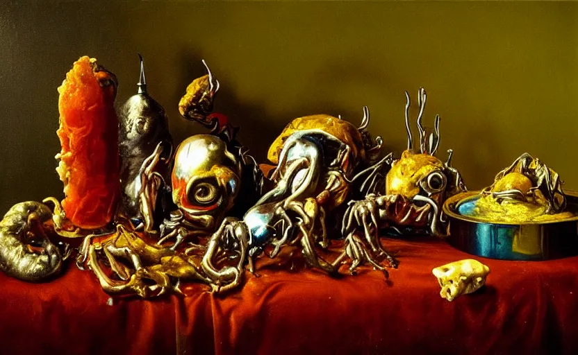 Image similar to disturbing colorful oil painting dutch golden age vanitas still life sparse composition interesting scaling with bizarre objects strange gooey transparent surfaces shiny metal reflections bizarre mutant meat insects rachel ruysch dali todd schorr very detailed perfect composition rule of thirds masterpiece canon 5 0 mm, cinematic lighting, photography, retro, film, kodachrome