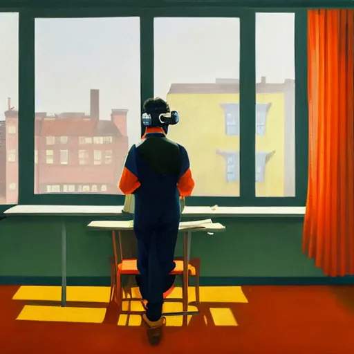 Prompt: A fine art painting of a man wearing Vr goggles dressed in orange overalls and creating the metaverse at a desk with screens, view through a window on a British street. In the style of Edward Hopper and Wes Anderson