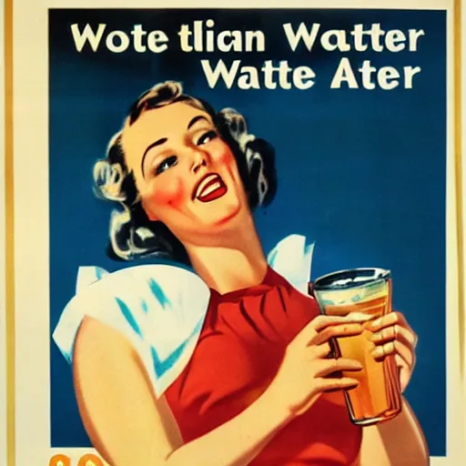 Prompt: 1950 American propaganda poster warning the danger of drinking water,