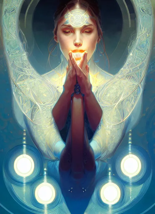 Image similar to symmetry!! water, glowing lights!! intricate elegant, highly detailed, digital painting, artstation, concept art, smooth, sharp focus, illustration, art by artgerm and greg rutkowski and alphonse mucha