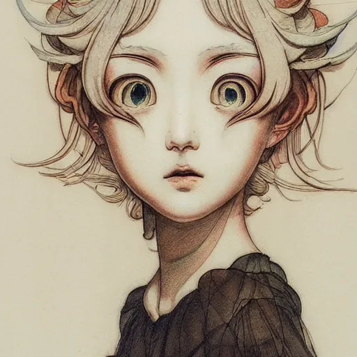 Image similar to prompt: Fragile looking vessle portrait face drawn by Katsuhiro Otomo, inspired by Carlo Dolci, magical and alchemical objects on the side, soft light, white background, intricate detail, intricate ink painting detail, sharp high detail, manga and anime 2000