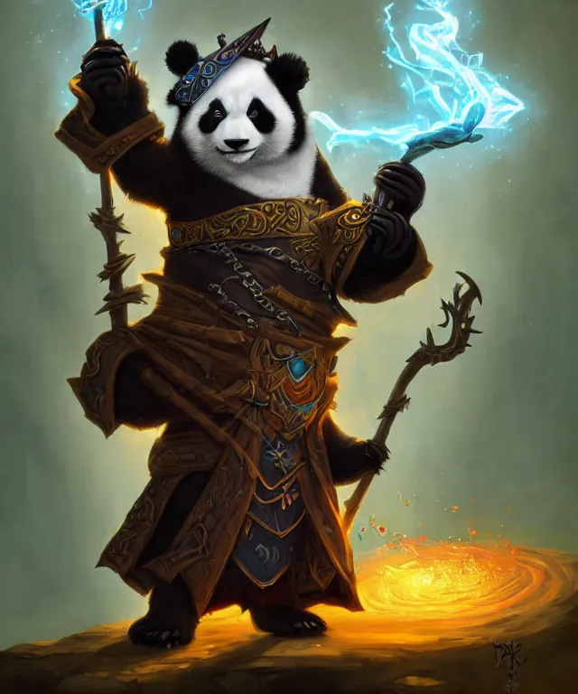 Image similar to a portrait an anthropomorphic panda warlock holding a staff, wearing warlock robes with spiked shoulders, landscape in background, dnd character art portrait, world of warcraft style, by peter mohrbacher, cinematic lighting