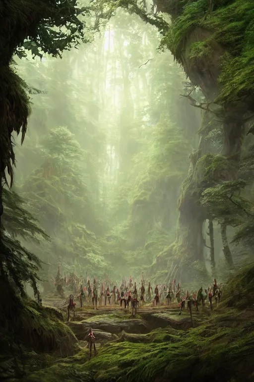 Image similar to a highly detailed matte painting of a group of young adventurers exploring elven ruins in a mystical forest, by studio ghibli, by artgerm, by wlop, by greg rutkowski, red tones, volumetric lighting, octane render, 4 k resolution, trending on artstation, masterpiece