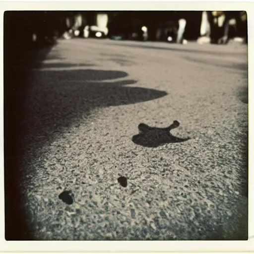 Image similar to wide-shot very low-angle eyesight first-person!! cat's paw prints on fresh cement at the street, polaroid photo, by Andy Warhol