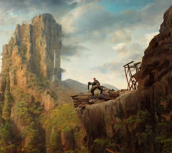 Image similar to landscape portrait of a man working on a building out of hand hewn brimstone, all alone by william sidney mount, trending on artstation