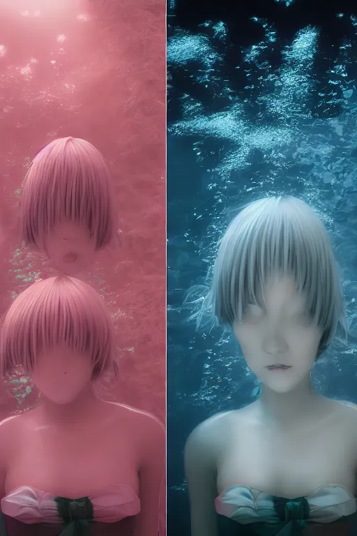 Image similar to 3d realistic dramatic infrared photo of two anime schoolgirls with a realistic face falling down from huge japanese bridge under water. Close-up portrait. There are pink palm trees and translucent glow jellyfish flying around. Volumetric composition. Pastel colors in the style of Hiro Kiyohara, redshift, octane, trend artstation, cinematic, hyper realism, high detail, 8k