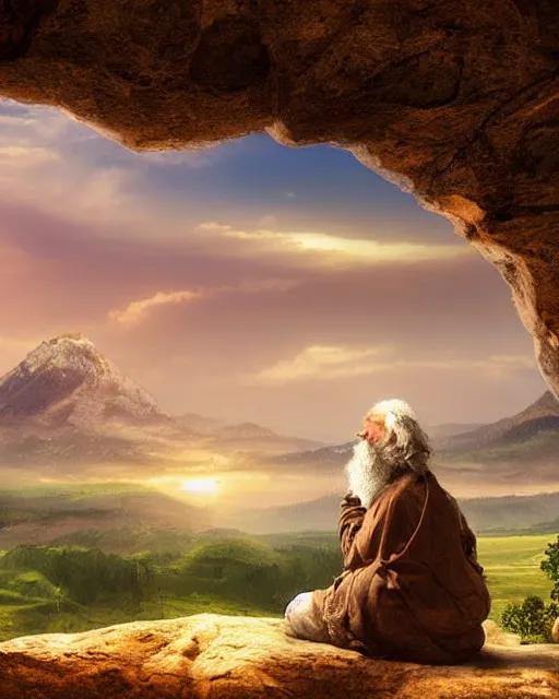 Prompt: an ancient jewish man looking over a strikingly beautiful stunning nature horizon, very realistic, highly detailed, photorealistic, dusk