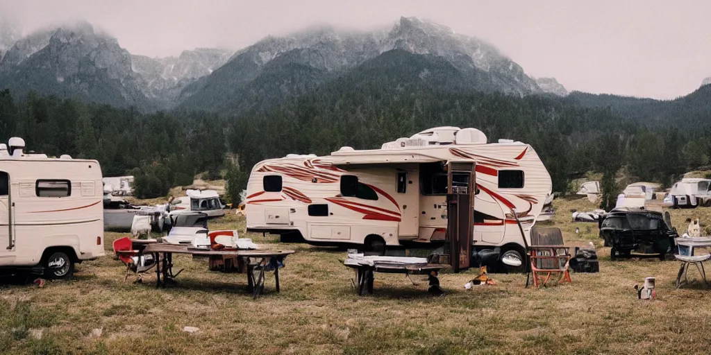 Image similar to Camping RV's in America by Wes Anderson, fantasy, imagination, cinematic