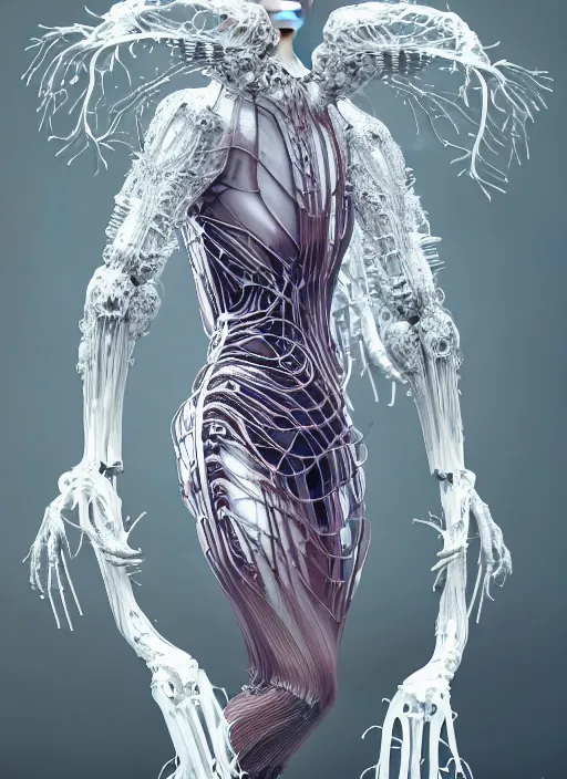 Prompt: forest iris van herpen gothic inflateble dark dress, perfect symmetrical body, helmet on face, full body shot, inflateble shapes, wires, tubes, veins, jellyfish, white biomechanical details, wearing epic bionic cyborg implants, masterpiece, intricate, biopunk, vogue, highly detailed, artstation, concept art, cyberpunk, octane render