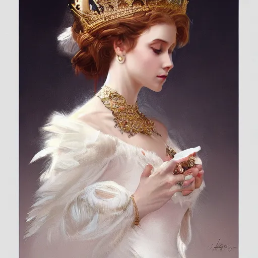 Image similar to a queen with a decorated dress made of white and cream plumes of swan, highly detailed, digital painting, Trending on artstation , HD quality, by artgerm and greg rutkowski and alphonse mucha, dramatic light, octane