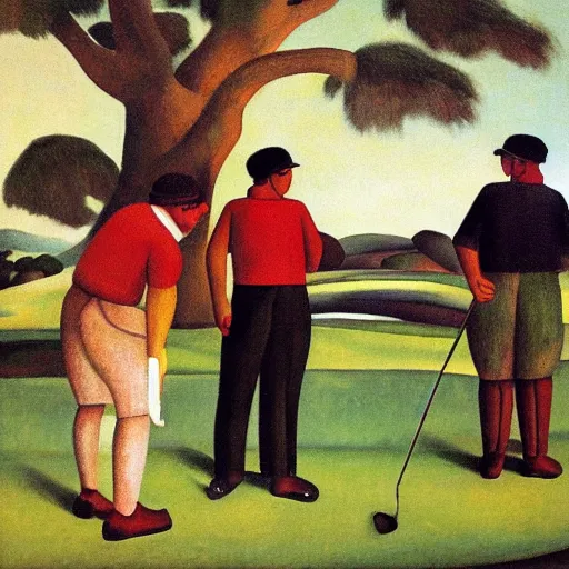 Image similar to Three golfers on a beautiful golf course, by Diego Rivera