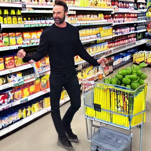 Image similar to high jackman as wolverine grocery shopping with claws akimbo