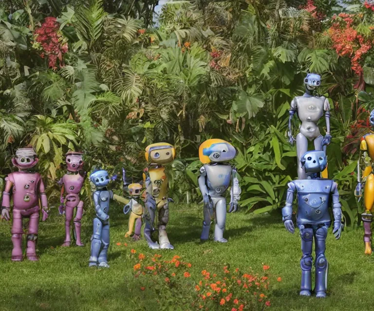 Image similar to 70mm film still from a sci fi blockbuster color movie made in 2019, set in 1860, of a human family standing in a park, next to some alien plants and flowers, their cute humanoid robot is standing next to them, on an alien planet, the family are all wearing 1850s era clothes, good lighting, good photography
