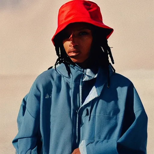 Image similar to realistic photoshooting for a new arcteryx lookbook, color film photography, portrait of a beautiful woman, model is wearing a bucket hat, photo in style of tyler mitchell, 3 5 mm,