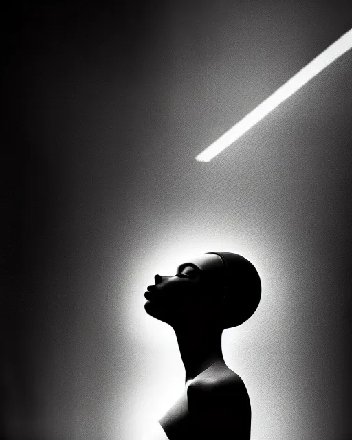 Prompt: black and white high quality photo of a beautiful female human-cyborg looking into a sci-fi mirror, volumetric lighting, liminal space, brutalism, foggy, dreamy, hyperdetailed, bokeh, photorealistic, cinematic, masterpiece, Metropolis, elegant, dark, octane render, 8K, in the style of Man Ray