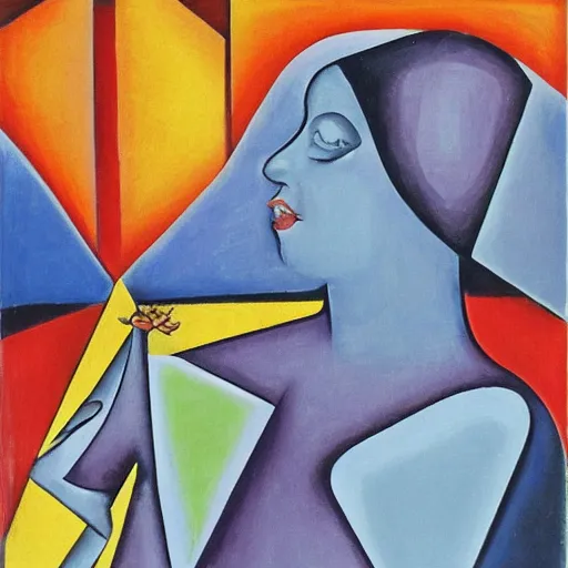 Image similar to woman in glorious robes rose up vast as the skies, old as the mountains and formless as starlight to shelter the precious memories, matter, messages, abstract art in the style of cubism and georgia o keefe