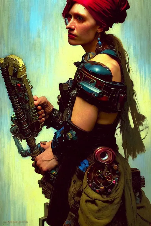 Image similar to full character portrait max mad cyberpunk warhammer 4 0 k, barbarian medic not the girl with the pearl earring character design, painting by gaston bussiere, katsuya terada, nc wyeth, greg rutkowski, craig mullins, vermeer, frank frazetta, mucha, tom of finland, trending on artstation, jeffery catherine jones