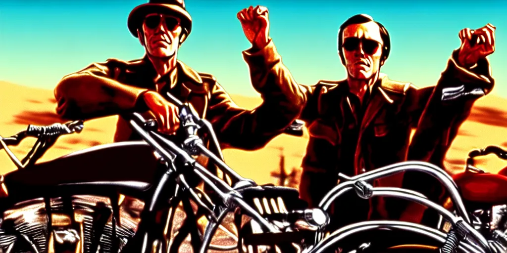 Prompt: easy rider movie poster with henry fonda and dennis hopper, unreal engine, detailed