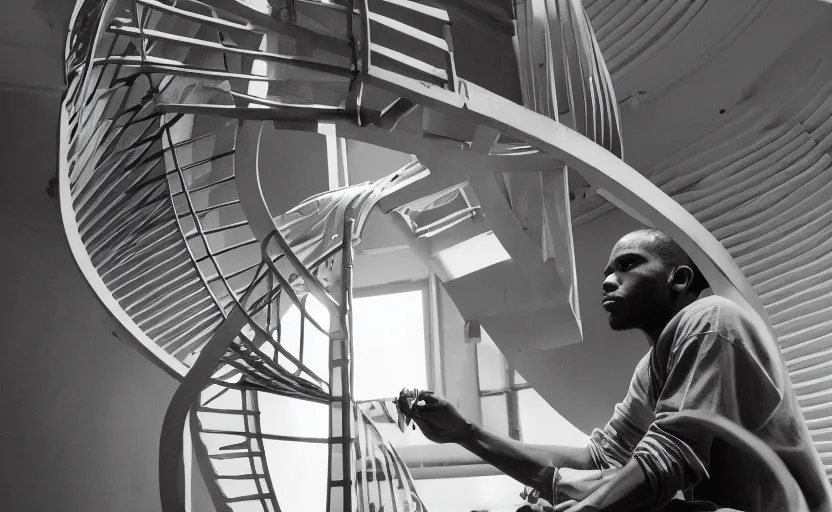 Image similar to frank ocean building a spiral staircase in the centre of the room, greyscale,