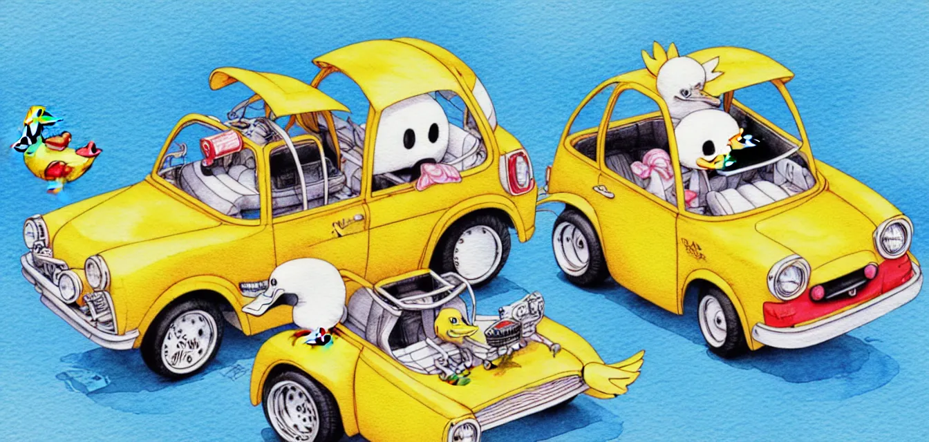 Image similar to cute and funny, duck riding in a tiny hot rod with oversized engine, ratfink style by ed roth, centered award winning watercolor pen illustration, isometric illustration by chihiro iwasaki, edited by range murata, tiny details by artgerm and watercolor girl, symmetrically isometrically centered