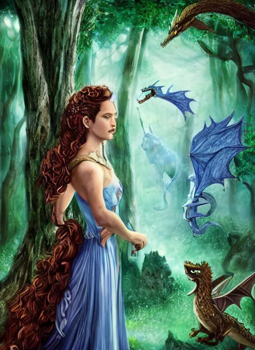 Image similar to movie poster, fantasy, kingdom in the woods, dragons, profile of a beautiful woman, fairies, magical, enchanting, nostalgic, by john alvin,