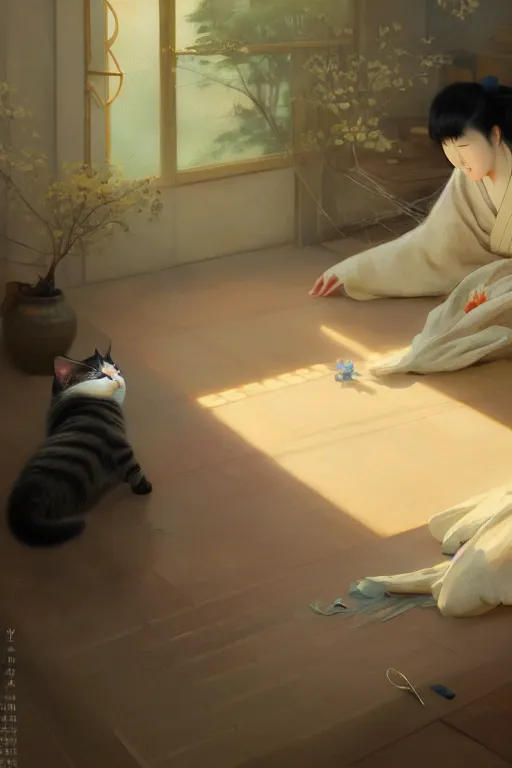 Image similar to japanese woman sewing on floor while a cat napping behind her, dim light, extremely detailed digital painting, in the style of fenghua zhong and ruan jia and jeremy lipking and peter mohrbacher, mystical colors, rim light, beautiful lighting, 8 k, stunning scene, raytracing, octane, trending on artstation