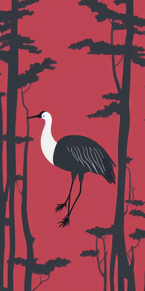 Image similar to a portrait of japanese crane walking into a forest of japanese pines, a big red sun in the background, fresh modern style, responsive, front game card, vector line art, trending on behance, simple thick line art, stunning, matte