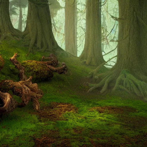 Prompt: fantasy forest, detailed painting, warm volumetric lighting, mossy logs