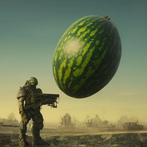 Prompt: Concept Digital Art Highly detailed giant Watermelon warlord protecting Ukrainian city from Orks by Stephen Hickman and Beeple. Very highly detailed 8K,Pentax 67, Kodak Portra 400 in style of Hiromasa Ogura Ghost in the Shell, the golden ratio, rational painting