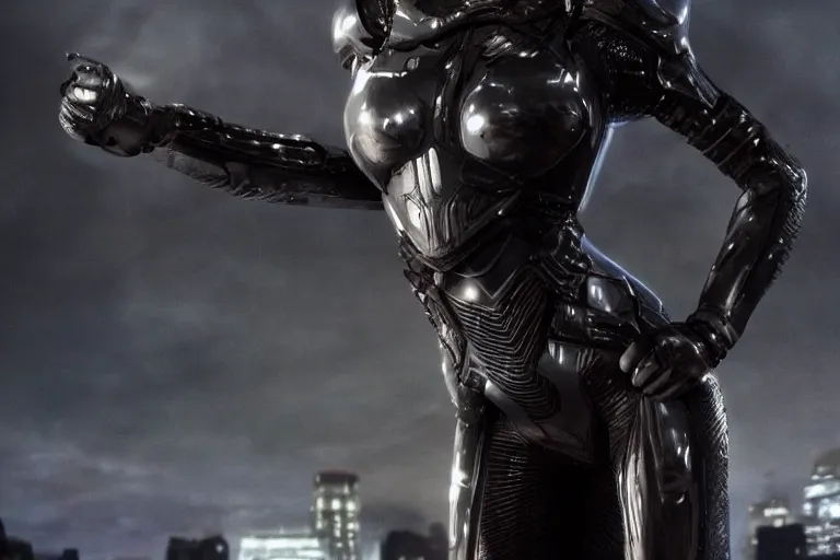 Image similar to VFX movie closeup of a gorgeous futuristic woman in black spandex armor in future city, hero pose, beautiful skin, natural city night lighting by Emmanuel Lubezki