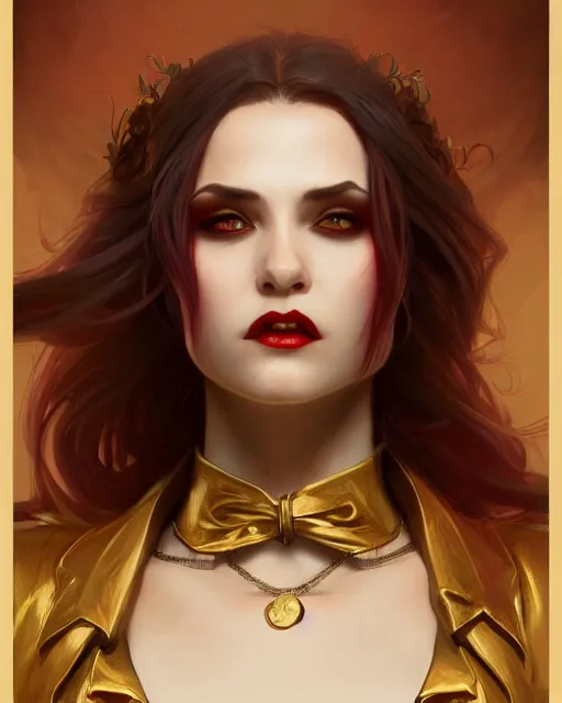 Image similar to female vampire, perfect face, gold waistcoat, red necktie, cinematic, stunning, highly detailed, digital painting, artstation, smooth, hard focus, illustration, art by artgerm and greg rutkowski and alphonse mucha