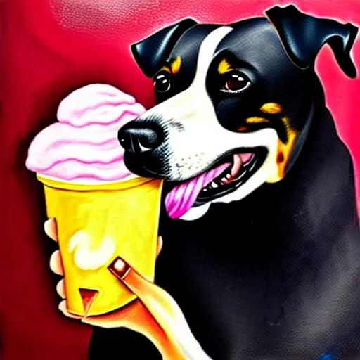 Image similar to painting of a dog eating ice cream