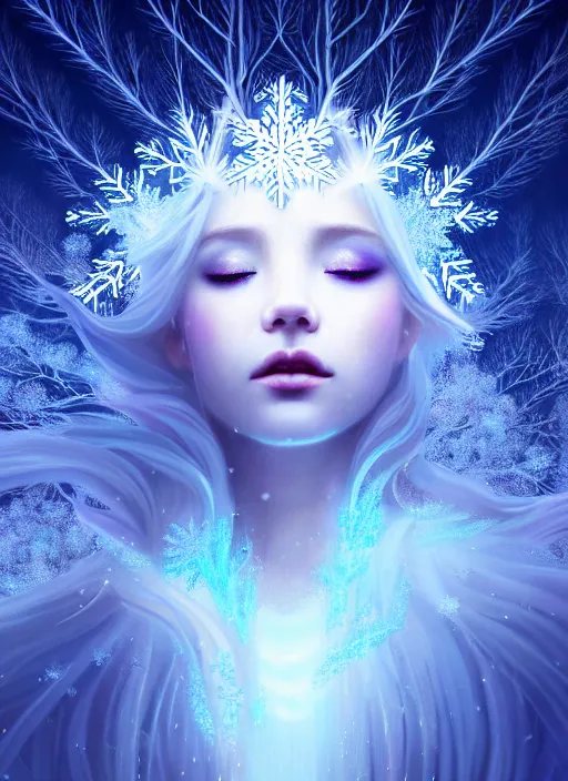 Image similar to a beautiful majestic frozen white queen with snowflakes on her hair, glowing light orbs, intricate concept art, elegant, digital painting, smooth, sharp focus, ethereal mist, deep colors, illuminated lines, outrun, vaporware, dark background, cyberpunk darksynth, ethereal, ominous, misty, 8 k, rendered in octane, by ruan jia and miho hirano