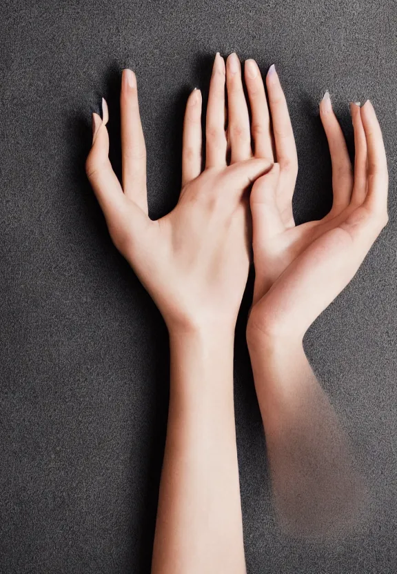 Image similar to photorealistic woman's hand palm up lies on the table, pov photo, instagram photo, studio photo, 9 0 mm, f / 1. 4