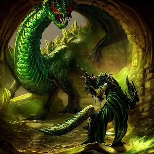 Prompt: fairy tale, painting, massive green dragon!!!, venomfang, muscular, dnd, inside a dungeon, realistic, dungeons and dragons, cinematic composition, kodachrome, dramatic