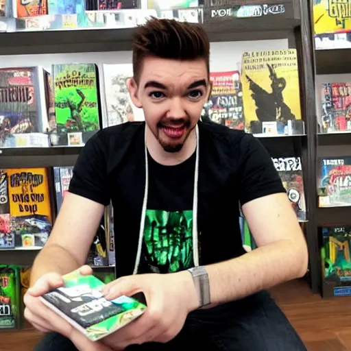 Prompt: jacksepticeye playing a video game in a bookstore