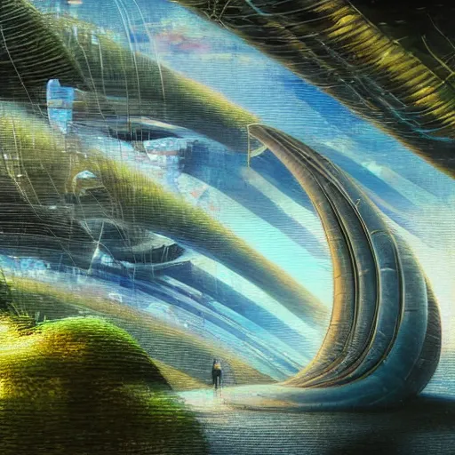 Prompt: beautiful portrait of bamboo living pods shaped like a sea shell built on the side of a cliff, the time machine, sky shuttle, spaceship by john berkey, panoramic view, ssci - fi, futuristic valley, rendered in octane, rendered in cinema 4 d, art by artgerm, artwork by peter gric and brian froud and esao andrews and david hardy