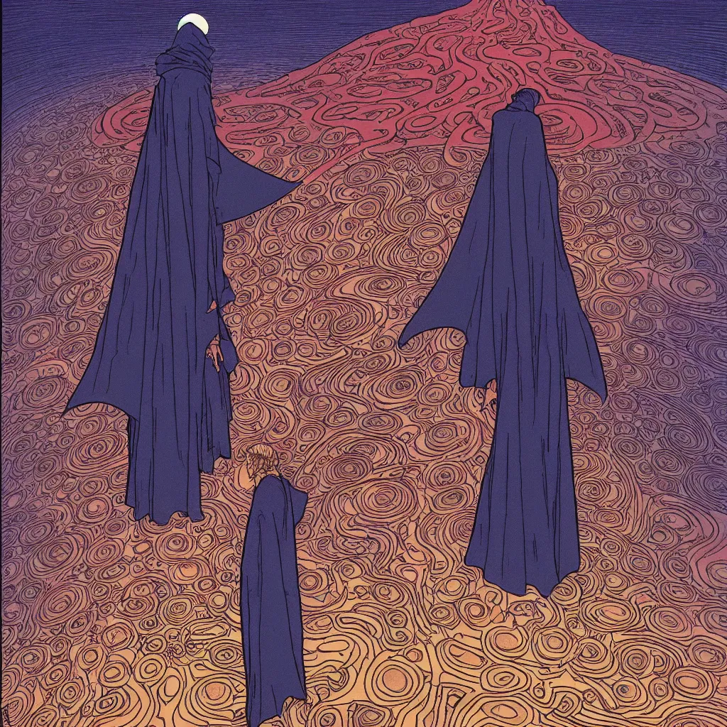 Prompt: centered illustration of a man wearing a cloak in the abyss, art by jean giraud and moebius