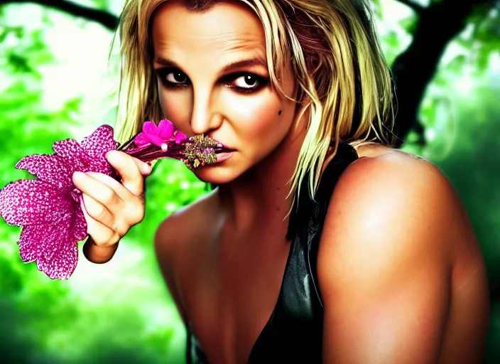 Prompt: super macro of britney spears drinking from a flower in the forest. fantasy horror cyberpunk style. highly detailed 8 k. intricate. nikon d 8 5 0 3 0 0 mm. award winning photography.