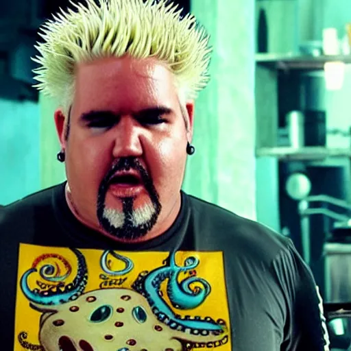 Image similar to guy fieri, turning into an eldritch horror with tentacles, hair sharp like blades, bathing in a giant pan filled with boiling oil, film still from the movie directed by denis villeneuve with art direction by salvador dali