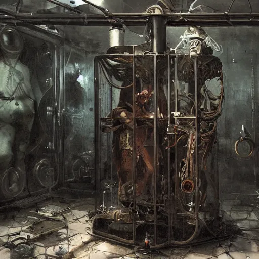 Prompt: horrorpunk interior of pristine steampunk asylum laboratory testing chamber containing a chained mutant cyborg nicola samori marc simonetti william-adolphe borguereau viktor vasnetsov charlie bowater oil painting