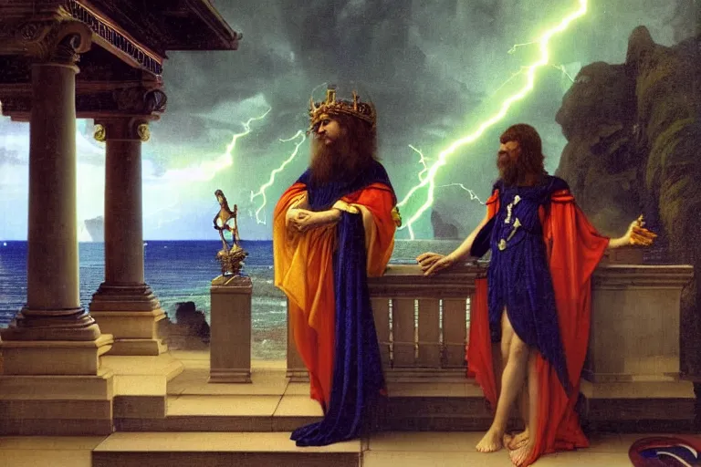 Image similar to Occult spirit on front of balustrade and palace columns, refracted lightnings on the ocean, thunderstorm, tarot cards characters, beach and Tropical vegetation on the background major arcana sky and occult symbols, by paul delaroche, hyperrealistic 4k uhd, award-winning, very detailed paradise