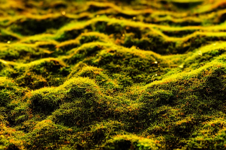 Image similar to macro photograph of moss on the forest floor, bathed in golden light