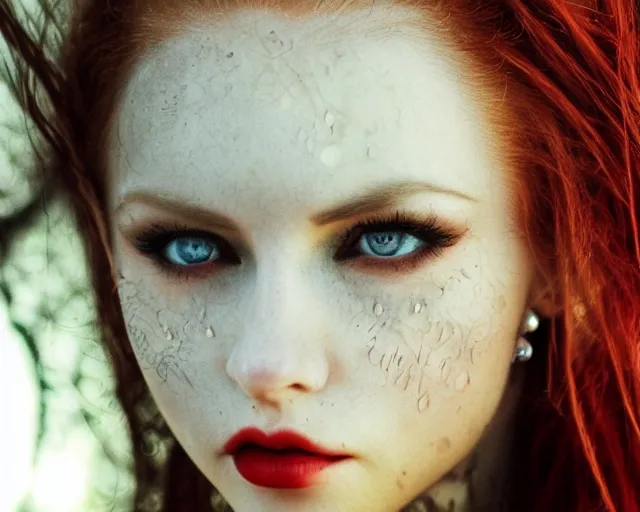 Prompt: award winning 5 5 mm close up face portrait photo of an anesthetic and beautiful redhead vampire elf lady who looks directly at the camera with bloodred wavy hair, intricate eyes that look like gems and long sharp fangs, in a park by luis royo. rule of thirds.